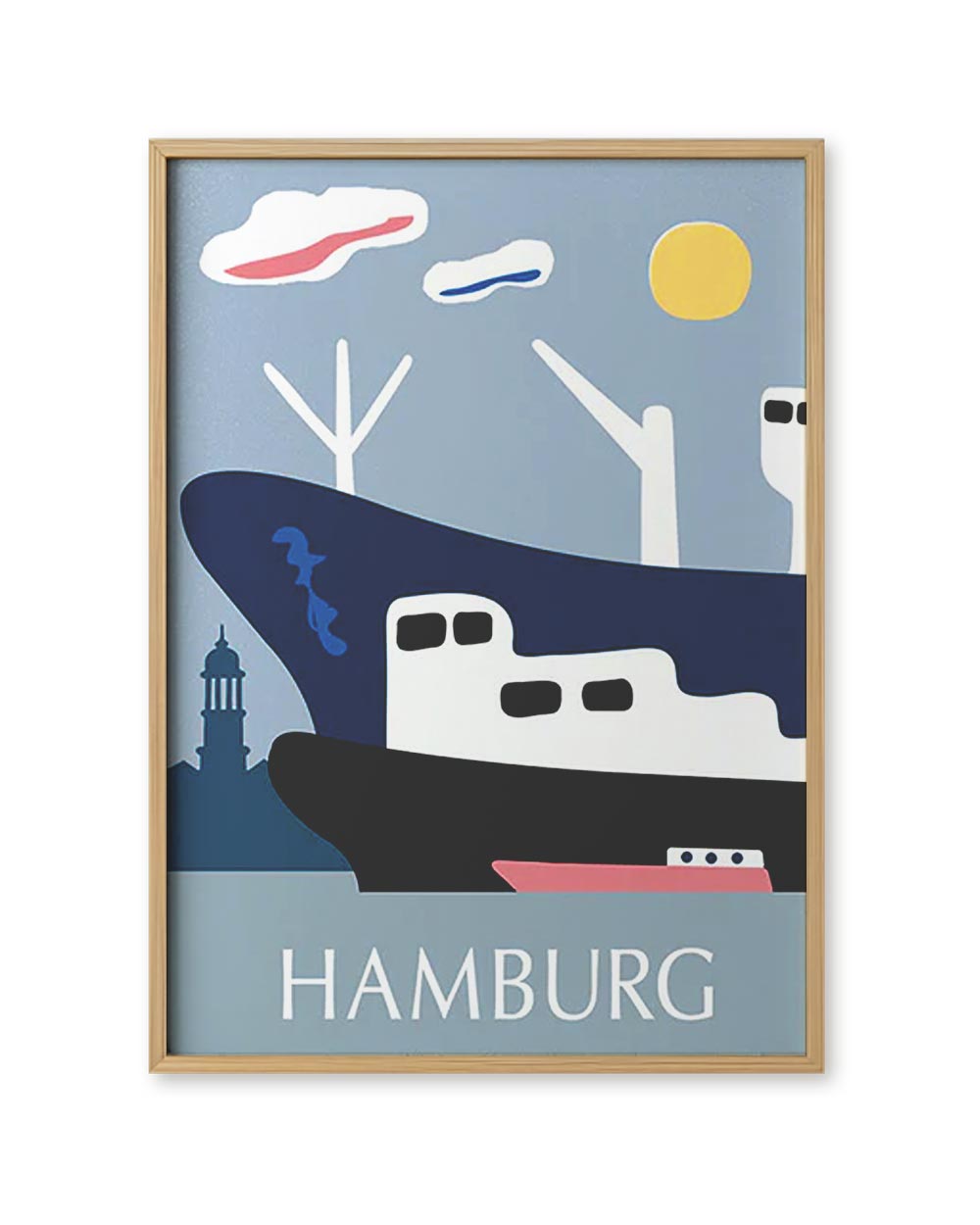Hamburg 3 Schiffe Poster: Illustriertes Hafenmotiv mit zwei Schiffen und Skyline, erhältlich im Format Din A3 und 50 x 70 cm, von Human Empire Studio.
