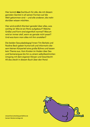 Buchcover von Penis - Wissen für unter die Gürtellinie mit gelbem Hintergrund, Autoren Tim Berkels und Nadine Beck, humorvolle Aufklärung über das männliche Genital.