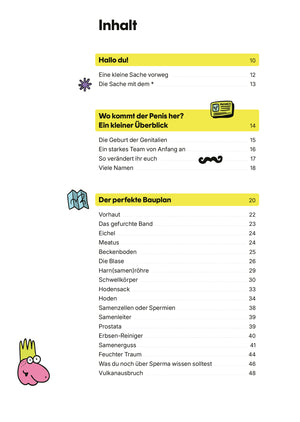 Inhaltsverzeichnis des Buches Penis - Wissen für unter die Gürtellinie mit humorvollen Illustrationen und Themen rund um männliche Anatomie und Sexualerziehung.