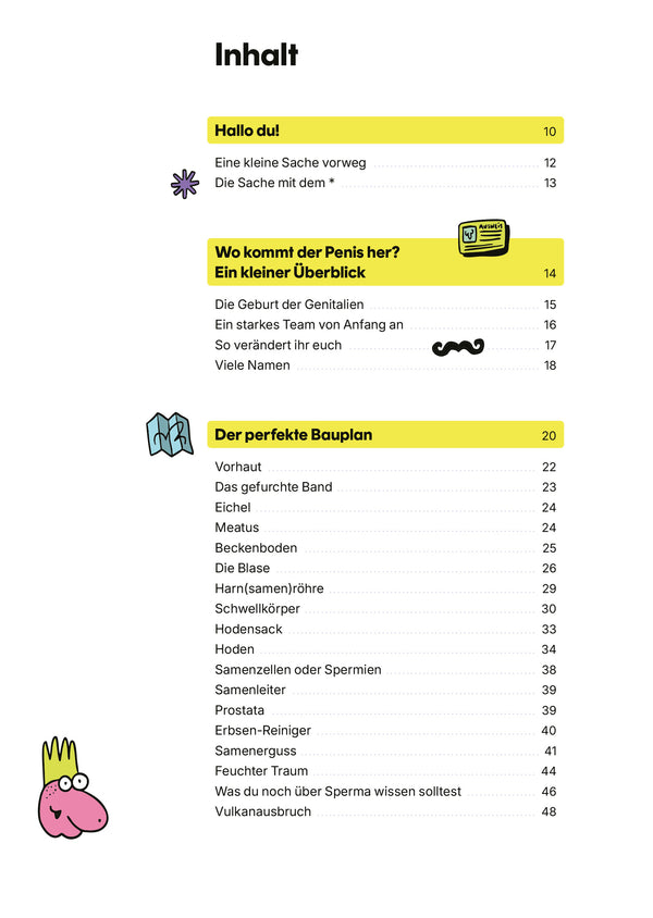 Inhaltsverzeichnis des Buches Penis - Wissen für unter die Gürtellinie mit humorvollen Illustrationen und Themen rund um männliche Anatomie und Sexualerziehung.
