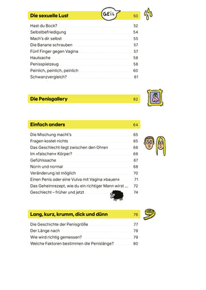 Buch Penis - Wissen für unter die Gürtellinie: Inhaltsverzeichnis über sexuelle Lust, Penisgalerie, Geschlechtsidentität und Penislänge, mit humorvollen, lehrreichen Cartoons.