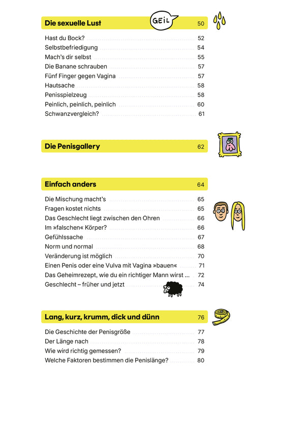Buch Penis - Wissen für unter die Gürtellinie: Inhaltsverzeichnis über sexuelle Lust, Penisgalerie, Geschlechtsidentität und Penislänge, mit humorvollen, lehrreichen Cartoons.