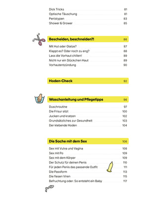 Inhaltsseite aus Penis - Wissen für unter die Gürtellinie: Themen zu Genitalgesundheit, Pflege, Sexualität, illustriert mit humorvollen Icons für umfassende Aufklärung.