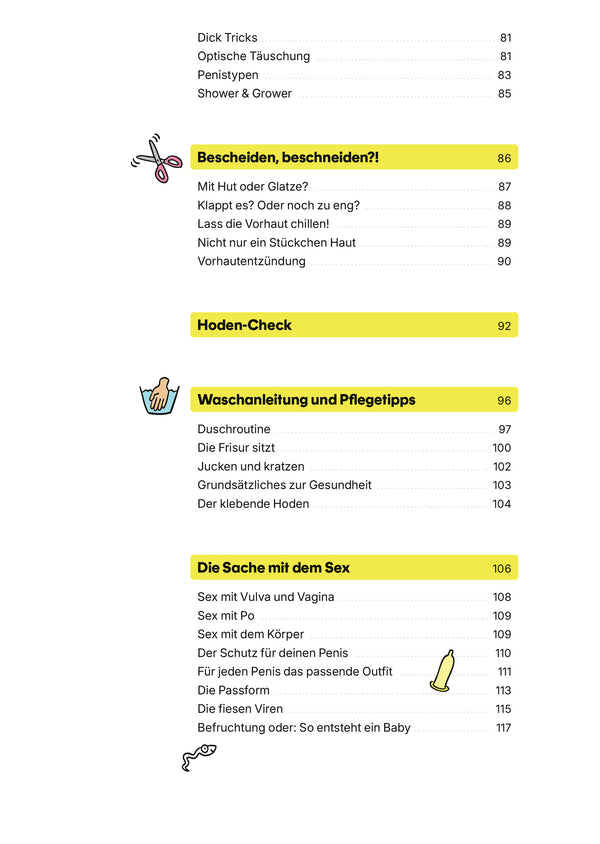 Inhaltsseite aus Penis - Wissen für unter die Gürtellinie: Themen zu Genitalgesundheit, Pflege, Sexualität, illustriert mit humorvollen Icons für umfassende Aufklärung.