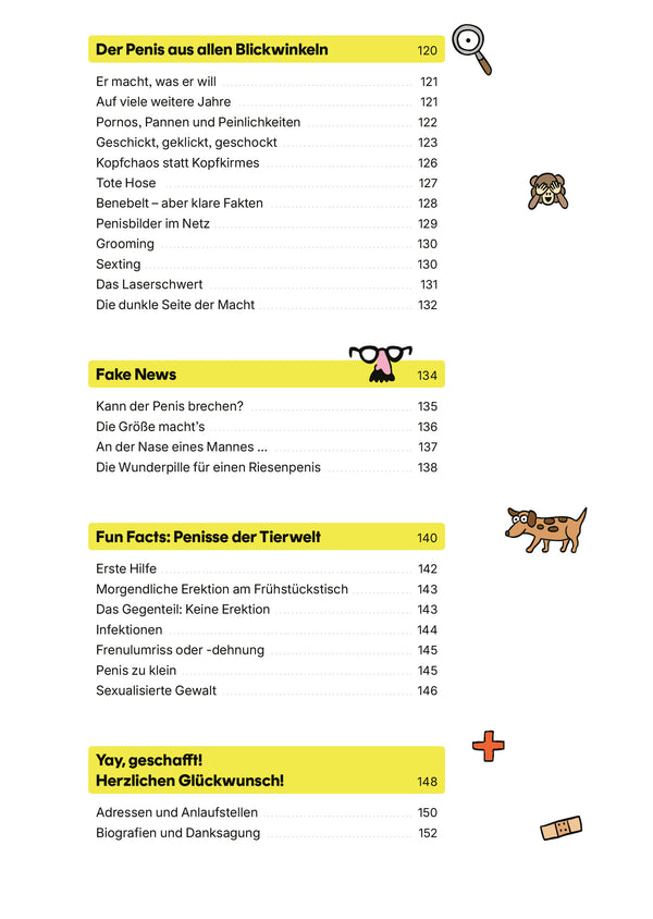 Inhaltsverzeichnis des Buches Penis - Wissen für unter die Gürtellinie, illustriert und humorvoll, behandelt Penisthemen mit Kapiteln über Anatomie, Mythen und Tierwelt.