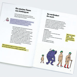 Zwei-Seiten-Aufschlag aus Penis - Wissen für unter die Gürtellinie mit humorvollen Illustrationen zu Pubertät und Penisentwicklung, inklusive Checkliste körperlicher Veränderungen.