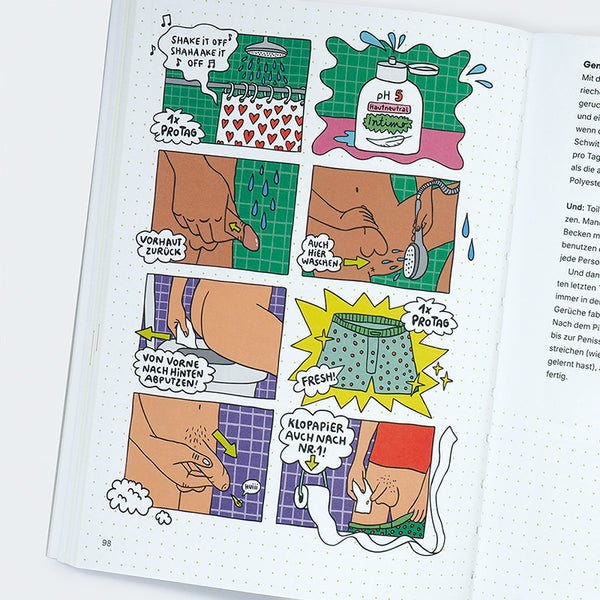 Comic-Panel zeigt Schritt-für-Schritt-Anleitung zur Penisreinigung, illustriert im Buch Penis - Wissen für unter die Gürtellinie mit humorvollen und informativen Details.