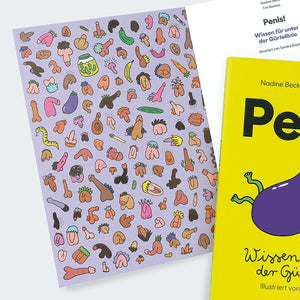 Buch Penis - Wissen für unter die Gürtellinie mit humorvollen Illustrationen von Penissen, bietet informativen Einblick in Anatomie und Sexualität, illustriert von Sandra Bayer.
