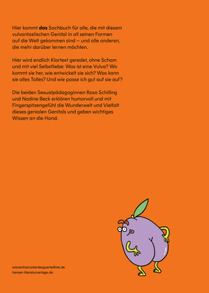 Rückseite des Buches Vulva - Wissen für unter die Gürtellinie mit Text über Vulvavielfalt, Cartoonfigur und URLs.