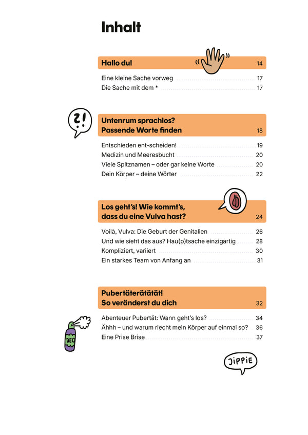 Inhaltsverzeichnis von Vulva - Wissen für unter die Gürtellinie, ein humorvolles Aufklärungsbuch über Vulva und Pubertät, mit Illustrationen und Gliederung der Kapitel.