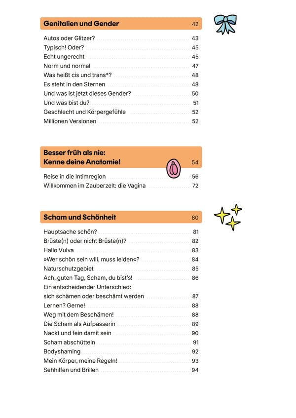 Inhaltsverzeichnis von Vulva - Wissen für unter die Gürtellinie, ein Jugendbuch über Körper, Gender und Selbstwert mit humorvollen Erklärungen und frechen Illustrationen von Nadine Beck und Rosa Schilling.