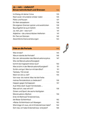 Inhaltsverzeichnis des Buches Vulva - Wissen für unter die Gürtellinie mit Kapiteln zu Einvernehmlichkeit, Grenzen und Menstruation, illustriert mit einem Tampon am Rand.