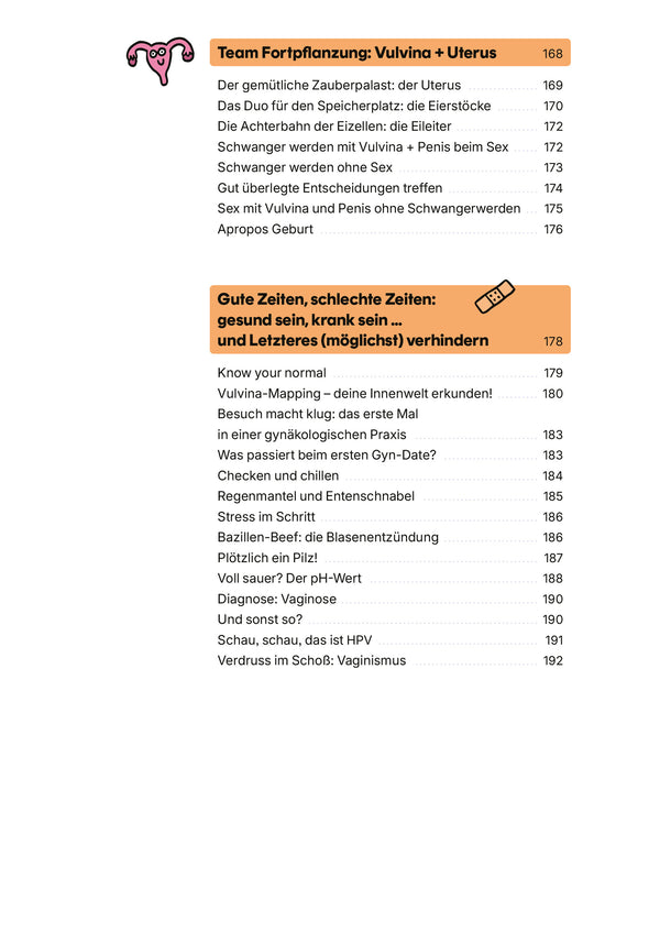 Inhaltsverzeichnis des Buches Vulva - Wissen für unter die Gürtellinie zeigt Kapitel zu Fortpflanzung und Gesundheit, illustriert mit Cartoon-Uterus und Pflaster.