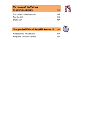 Inhaltsverzeichnis des Buches Vulva - Wissen für unter die Gürtellinie mit Kapiteln über Lebensphasen und Selbstliebe, illustriert mit Vorhang- und Pflaumen-Icons.
