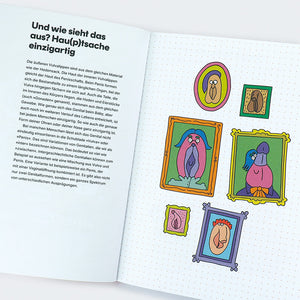 Buch Vulva - Wissen für unter die Gürtellinie mit Text und bunten Illustrationen zur Vielfalt der Genitalien, dargestellt in einem aufgeschlagenen Buch.