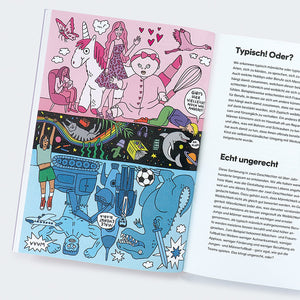 Zweiseitige Illustration aus einem Buch über Geschlechterklischees und Vielfalt, mit dem Titel Penis - Wissen für unter die Gürtellinie.