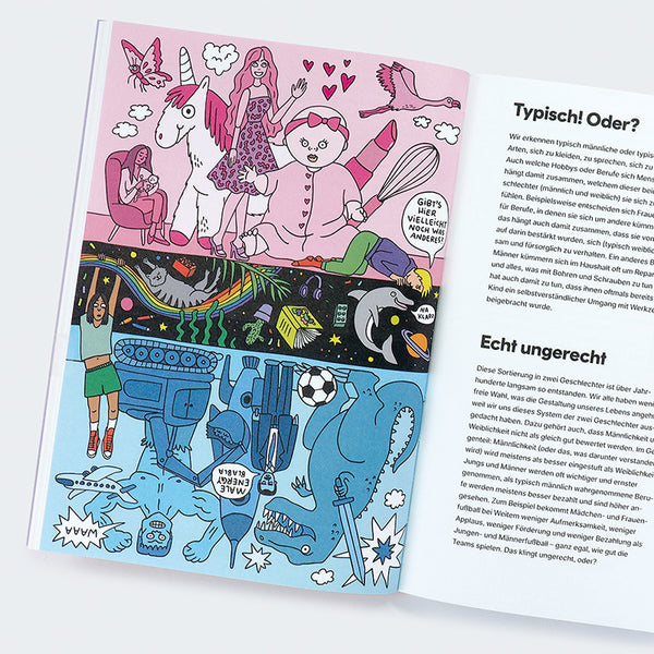 Zweiseitige Illustration aus einem Buch über Geschlechterklischees und Vielfalt, mit dem Titel Penis - Wissen für unter die Gürtellinie.