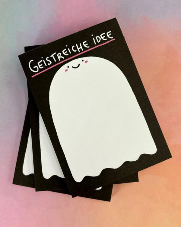 Geistreich Block: Notizblock in Geisterform mit GEISTREICHE IDEE, 50 Blätter Recyclingpapier, 74 x 105 mm, klimaneutral gedruckt. Perfekt für kreative Ideen.
