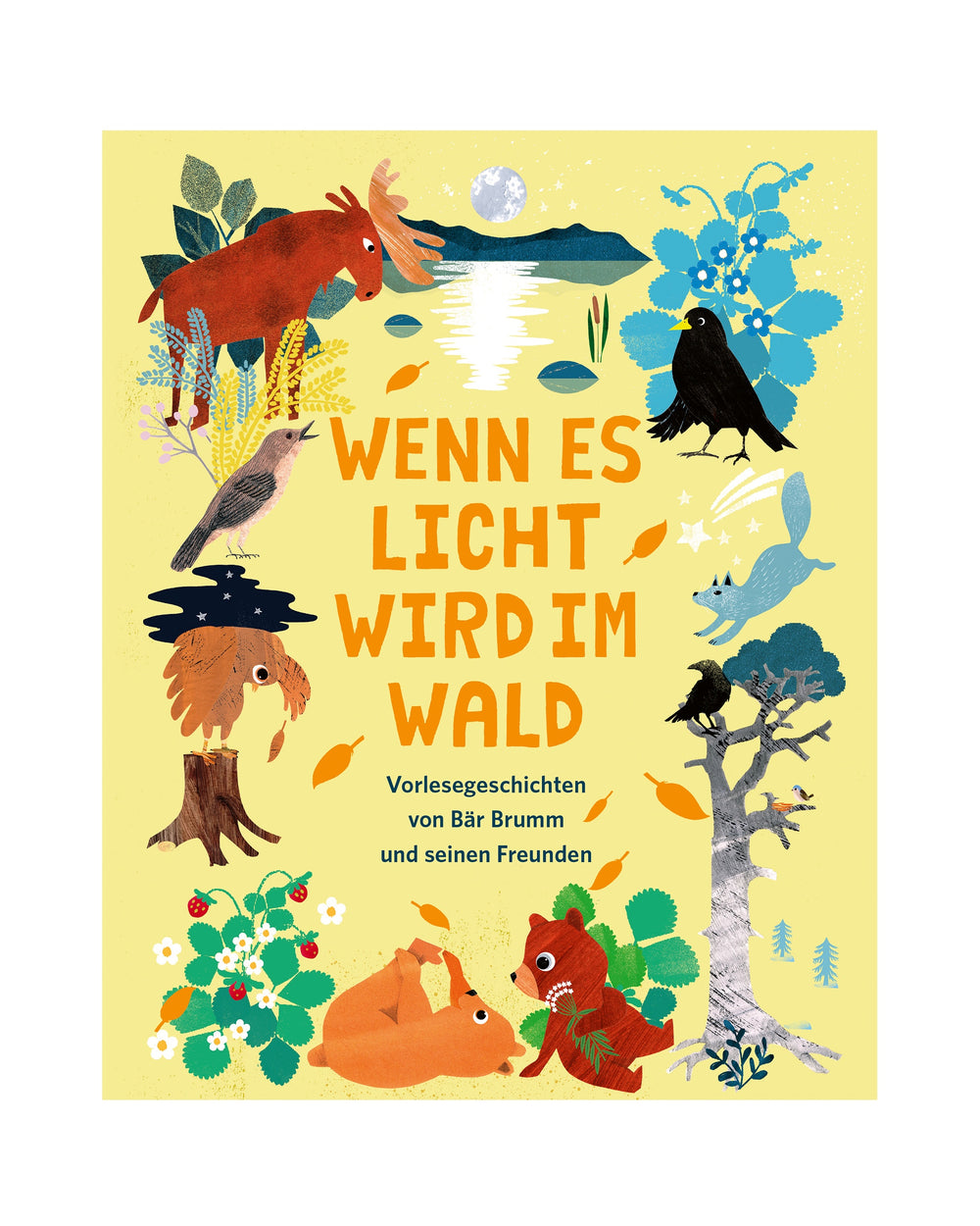 Buchcover „Wenn es Licht wird im Wald“ mit Waldszene, Tieren und herbstlichen Elementen; Vorlesegeschichten von Bär Brumm und Freunden für Kinder ab 4 Jahren.