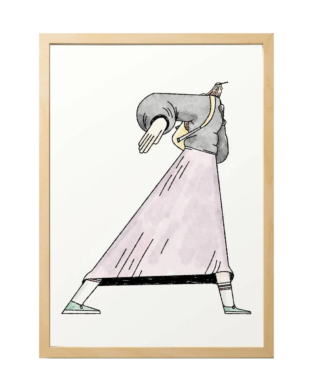 Sergio Membrillas NYC #1 FineArt Print: Stilisiertes Figurendesign mit übergroßem Arm, grauer Jacke, lavendelfarbener Rock, gelber Tasche; in hellem Holzrahmen präsentiert.