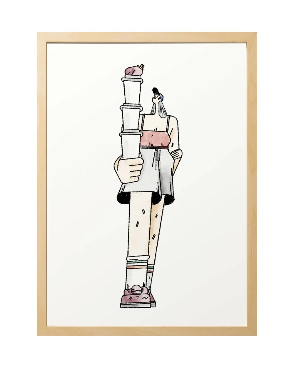 Sergio Membrillas NYC #2 FineArt Print: Langer, kapuzenbekleideter Figur mit hohem Stapel Becher, minimalistisch in Schwarz und Pastelltönen gezeichnet. DinA4 oder DinA3 Format.