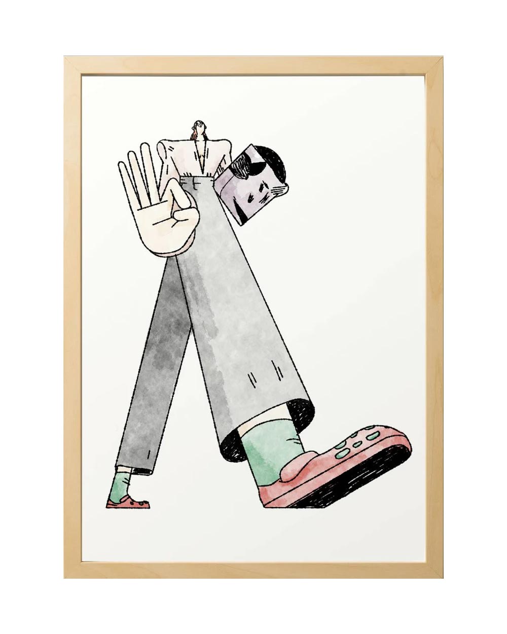 Sergio Membrillas NYC #3 FineArt Print: Minimalistische Illustration einer gehenden Figur mit geometrischen Körperteilen, inklusive Buchkopf und übergroßer Hand im OK-Zeichen.