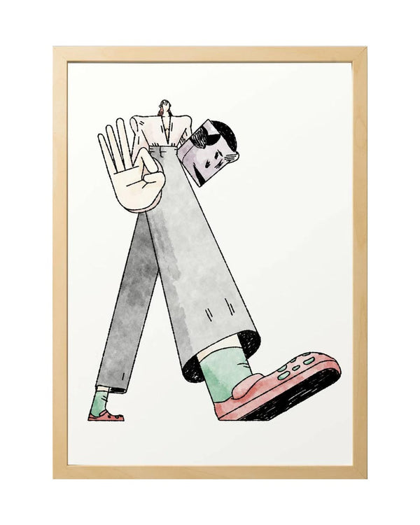 Sergio Membrillas NYC #3 FineArt Print: Minimalistische Illustration einer gehenden Figur mit geometrischen Körperteilen, inklusive Buchkopf und übergroßer Hand im OK-Zeichen.