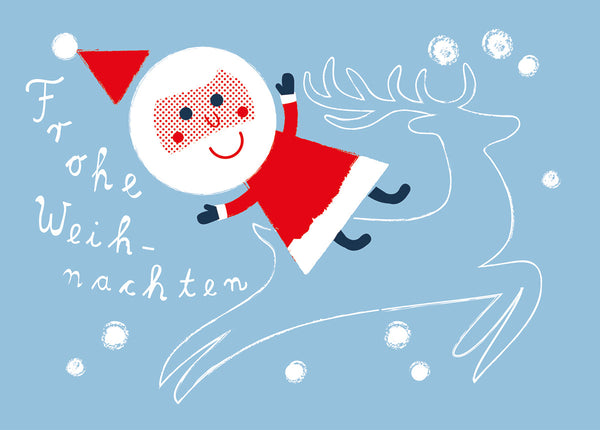 Weihnachtsmann & Rentier Hellblau Postkarte