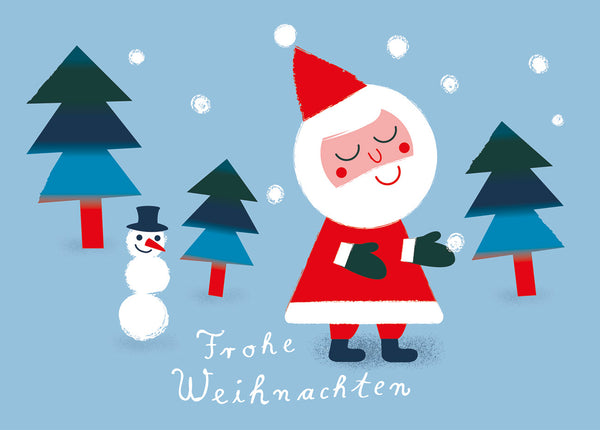 Weihnachtsmann & Schneemann Hellblau Postkarte