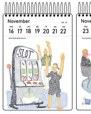 Susi Bumms Wochenkalender 2026 zeigt eine humorvolle Zeichnung mit einem Spielautomaten und fröhlichen Figuren, passend für jede Woche zum Abreißen und Aufhängen.