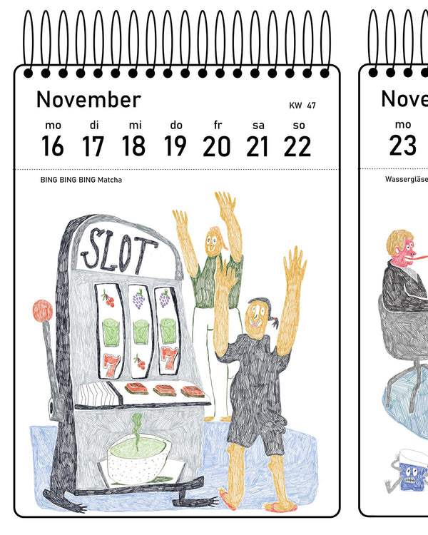 Susi Bumms Wochenkalender 2026 zeigt eine humorvolle Zeichnung mit einem Spielautomaten und fröhlichen Figuren, passend für jede Woche zum Abreißen und Aufhängen.