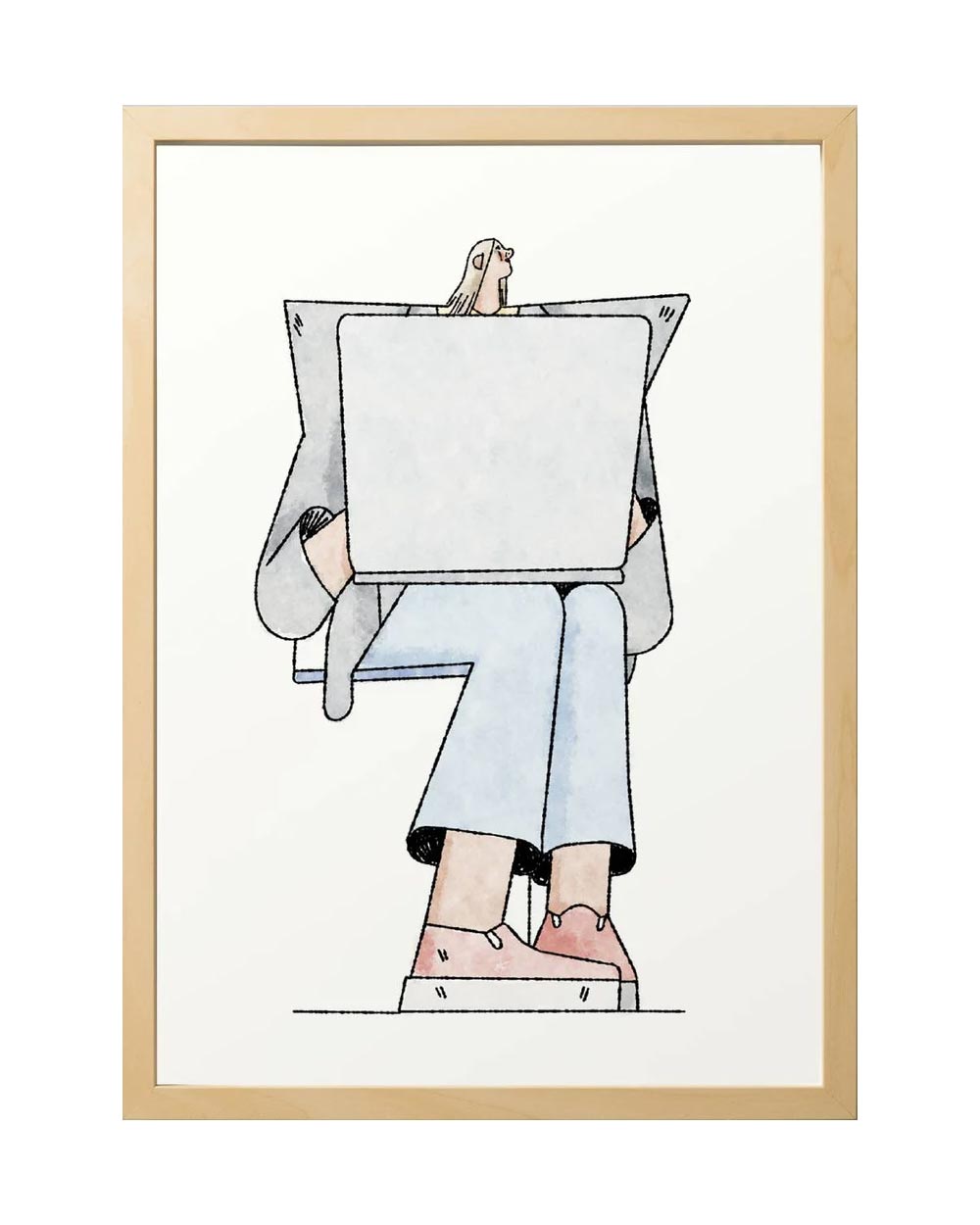 Sergio Membrillas Acid FineArt Print zeigt stilisierte Figur mit Laptop, minimalistisch gezeichnet, in hellem Holzrahmen. Erhältlich in DinA4 und DinA3 auf hochwertigem Hahnemühle Papier.