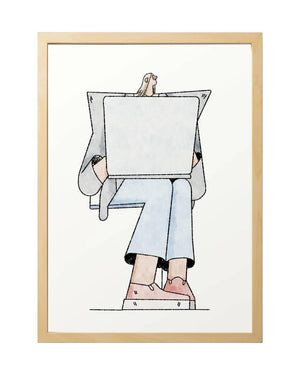 Sergio Membrillas Acid FineArt Print zeigt stilisierte Figur mit Laptop, minimalistisch gezeichnet, in hellem Holzrahmen. Erhältlich in DinA4 und DinA3 auf hochwertigem Hahnemühle Papier.