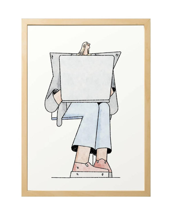 Sergio Membrillas Acid FineArt Print zeigt stilisierte Figur mit Laptop, minimalistisch gezeichnet, in hellem Holzrahmen. Erhältlich in DinA4 und DinA3 auf hochwertigem Hahnemühle Papier.