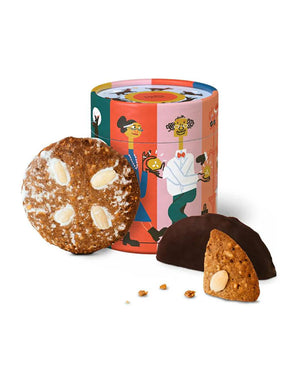 Lebkuchen Dose Alec Doherty mit 5 veganen gemischten Elisen, dekorative Dose mit cartoonartigen Illustrationen, umgeben von zwei Sorten Mandelkeksen, knusprig und köstlich.