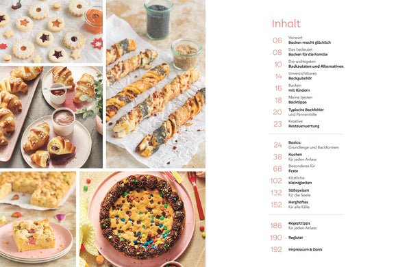 Doppelseite aus Backen macht glücklich - Das Familienbackbuch mit farbenfroher Gebäck-Collage und Inhaltsverzeichnis, das vielfältige Backanlässe und kinderfreundliche Rezepte präsentiert.