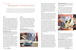 Doppelseite aus Backen macht glücklich - Das Familienbackbuch mit Grundlagen zu Mehl, Zucker, Fetten und Eiern, illustriert durch Backprozesse.