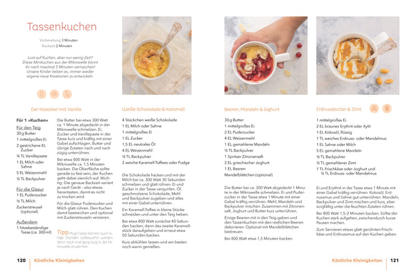 Backen macht glücklich - Das Familienbackbuch: Zwei-Seiten-Spread mit Tassenkuchen-Rezepten, inklusive klassischem Vanille und drei Variationen, ideal für schnelle, kreative Backideen zuhause.