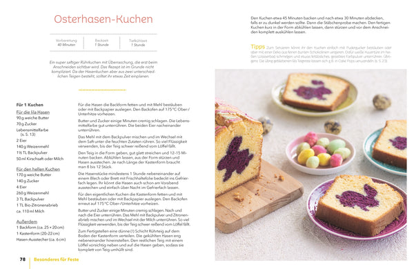Backen macht glücklich - Das Familienbackbuch zeigt ein Rezept für Osterhasen-Kuchen mit lila Bunny-Silhouetten. Enthält Tipps für Backen mit Kindern und einfache Rezeptideen.