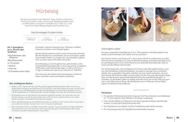 Backen macht glücklich - Das Familienbackbuch: Doppelseite mit Mürbeteig-Rezept, Schritt-für-Schritt-Anleitung, Tipps und Varianten für vielseitige Backideen.