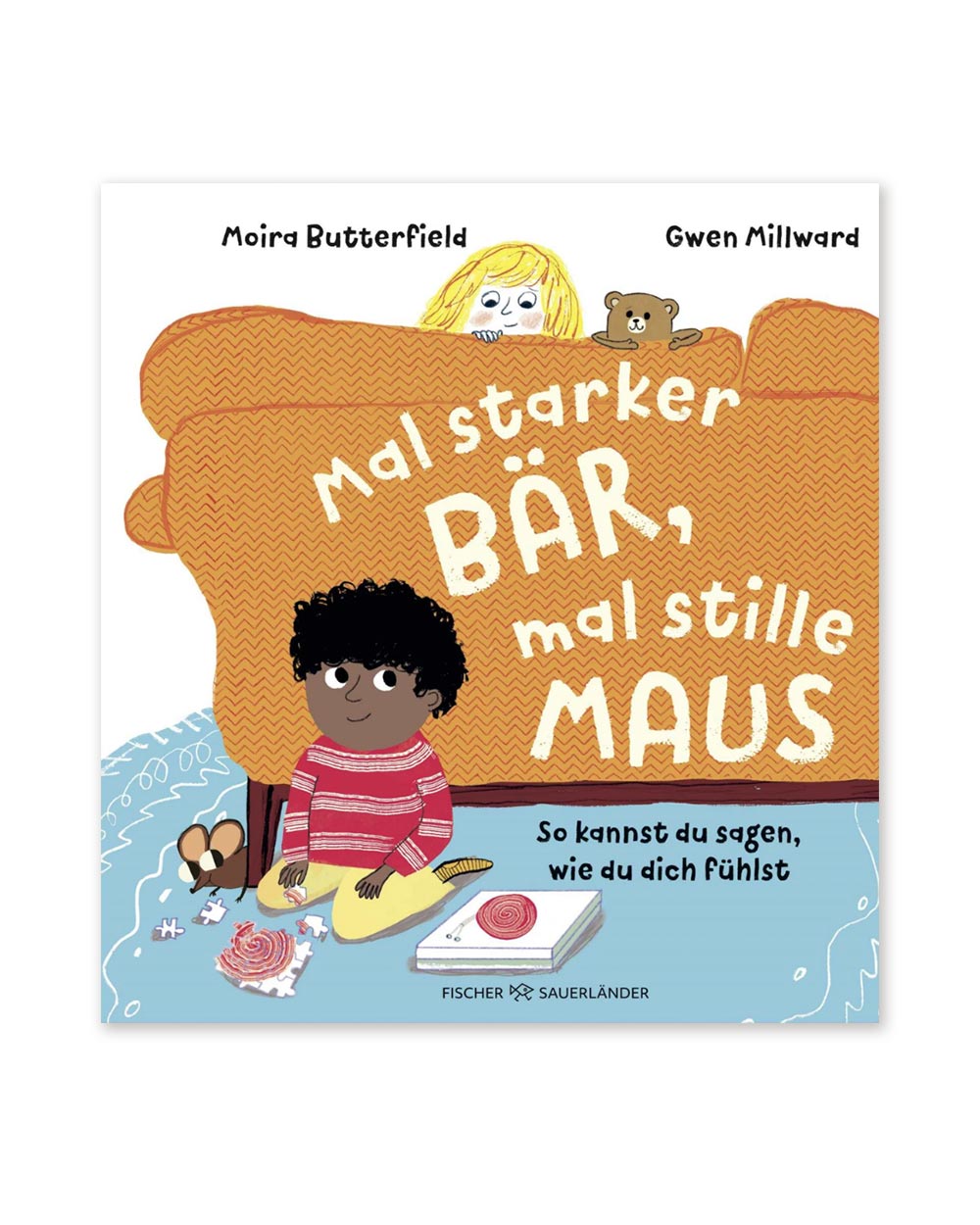 Kinderbuch Mal starker Bär, mal stille Maus: Kind hinter Sessel mit Teddy, Kind am Boden mit Puzzle und Maus. Fördert emotionale Ausdruckskraft durch tierische Vergleiche. Fischer Sauerländer.