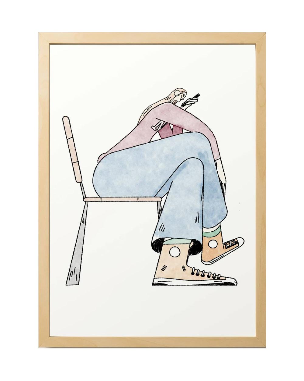 Sergio Membrillas Bench FineArt Print: Illustration einer Person in übergroßen blauen Hosen, tan Sneakers, auf einem Stuhl sitzend, am Handy, gedruckt auf Hahnemühle Museum Etching Papier.