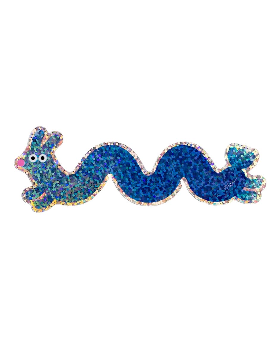 Studio Arhoj - Sticker Blue Sparkle Dog: Holografischer Glitzeraufkleber, zeigt ein cartoonhaftes, wellenförmiges Bunny-Snake-Wesen mit Hasenohren, googly Augen und pinker Nase.