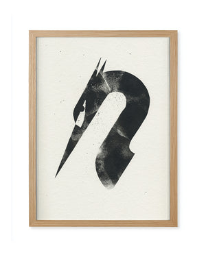 Minimalistisches Acryl-Stencil-Gemälde „Reiher“ von Dieter Braun, gerahmt in hellem Holz, zeigt abstrakten Pferdekopf. Format: 24x30 cm. Unikat aus Ausstellung „Masketier“.