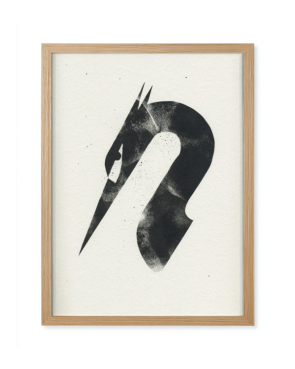 Minimalistisches Acryl-Stencil-Gemälde „Reiher“ von Dieter Braun, gerahmt in hellem Holz, zeigt abstrakten Pferdekopf. Format: 24x30 cm. Unikat aus Ausstellung „Masketier“.