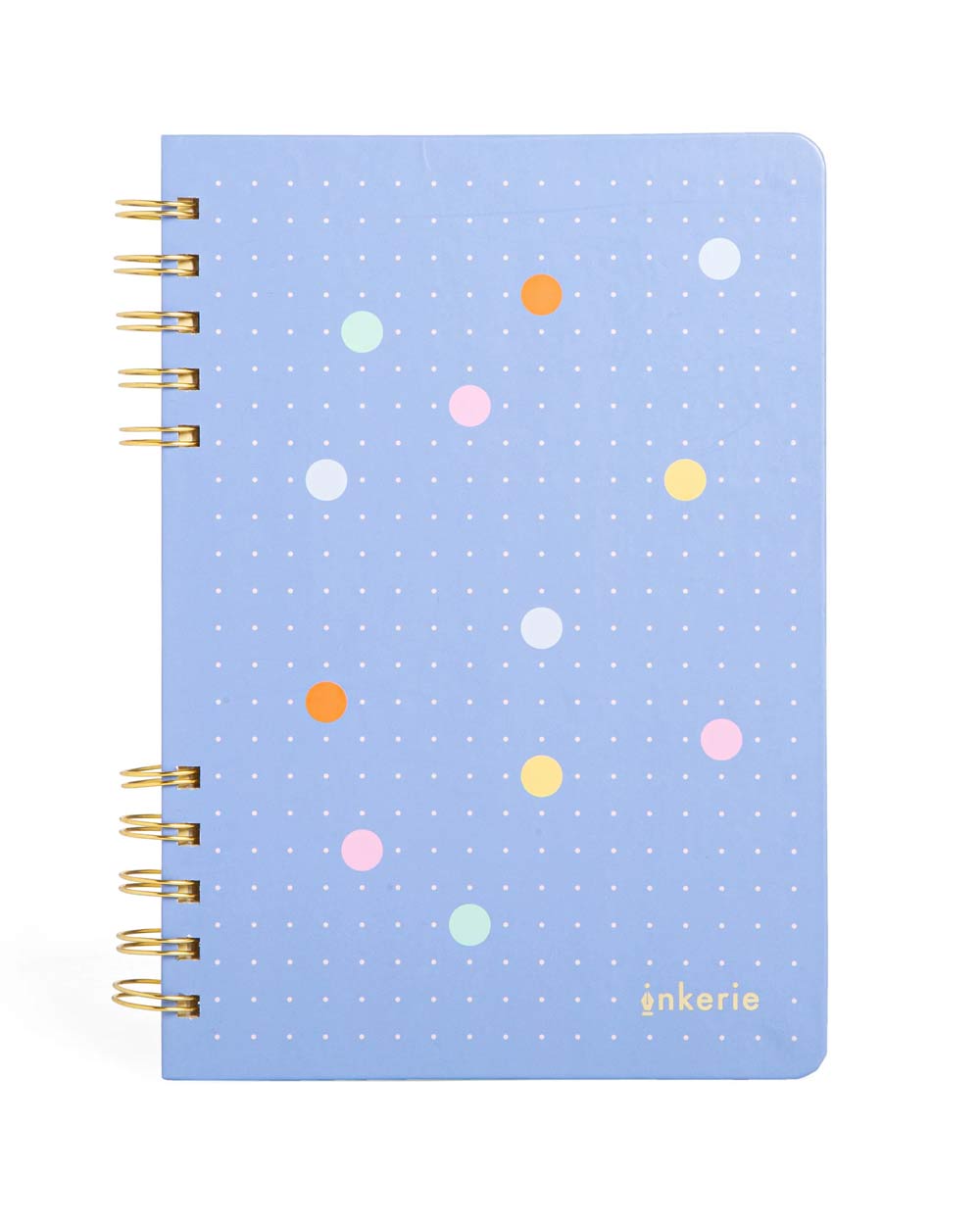 Inkerie Bullet Journal mit hellblauem Cover, goldener Spiralbindung, enthält 192 Seiten, Schablone, Aufkleber und Rückentasche. Perfekt für Organisation und Kreativität.