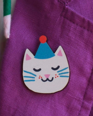 Cat Printed Wooden Pin Badge