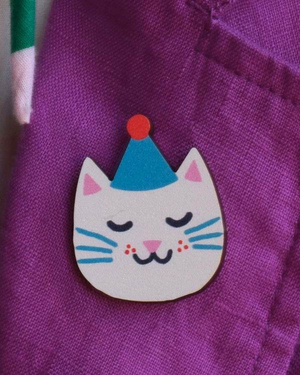 Cat Printed Wooden Pin Badge