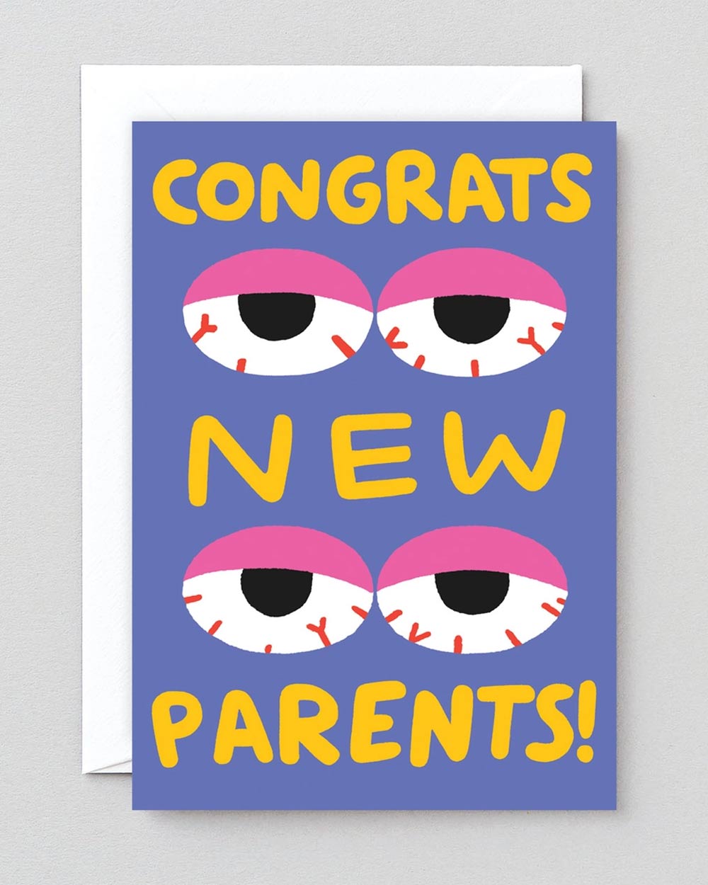 Klappkarte Wrap Congrats New Parents! mit blauem Hintergrund, gelben Buchstaben und stilisierten Augen, entworfen von Cari Vander Yacht, inkl. weißem Umschlag.
