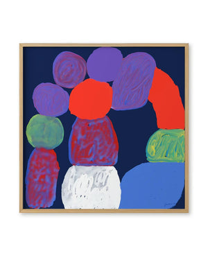 Constellation FineArt Print von Jan Kruse: Abstrakte Farbkreise auf navy Hintergrund, signiert, limitiert, gedruckt auf Hahnemühle Museum Etching Papier, 50x50 cm oder 70x70 cm.